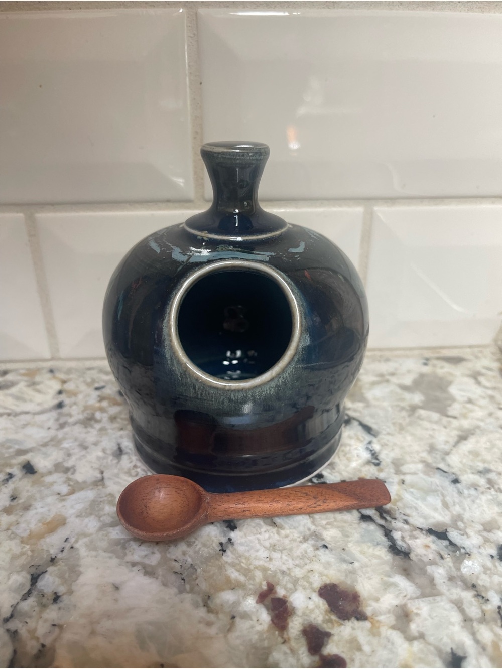 Glazed Ceramic Salt Pig, Artisan Made- Deep Blue